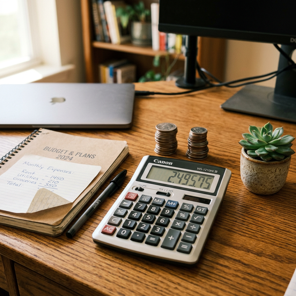 Calculator displaying a total, budget notebook with expense list, two stacks of coins, and a succulent plant on a wooden desk