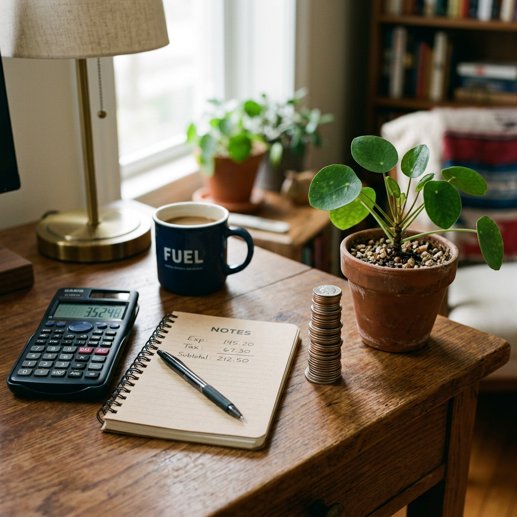 Calculator, notebook with budget notes, pen, stacked coins, potted plant, coffee mug on wooden desk