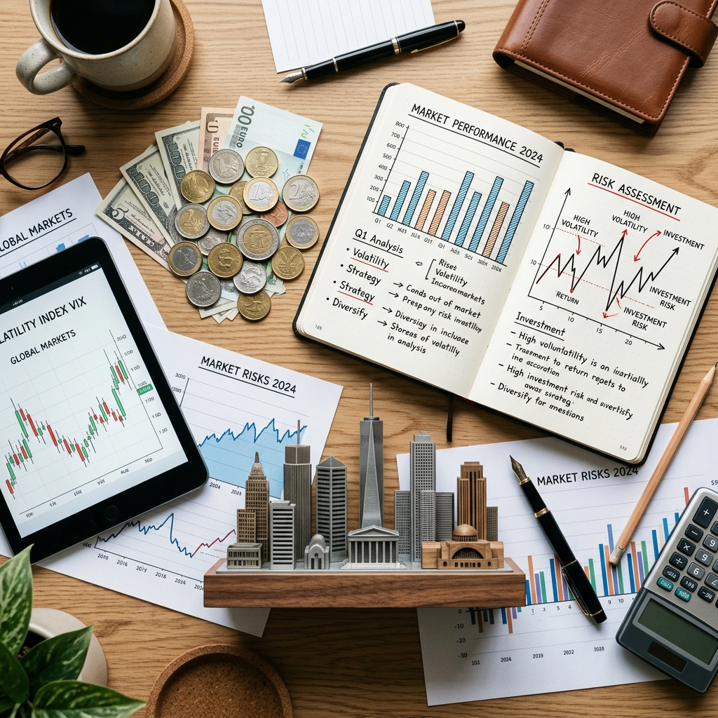 Workspace showing market performance charts, risk assessment notes, currency, tablet with volatility index, and miniature city model
